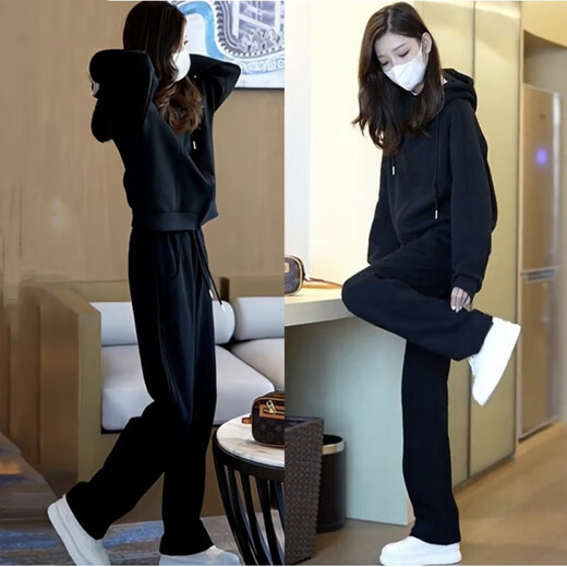 可茵（Keyin）卫衣女2025年春季新款女装宽松休闲运动服连帽卫衣两件套套装女潮 9708黑色（拉链） XL