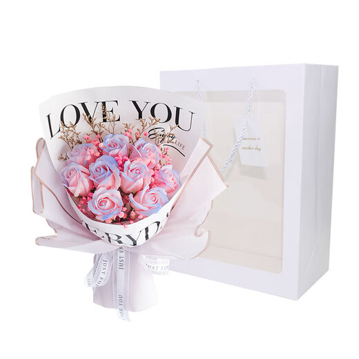 Spend time crushed ice blue rose dried bouquet immortal flower artificial flower for girlfriend to express love 214 Valentine's Day birthday gift blue and pink gradient + lamp + gift bag + greeting card