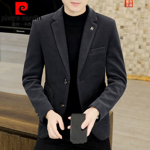 Pierre Cardin fashion men's autumn and winter woolen suits trendy business high-end casual thickened woolen men's small suit jacket black 165/M suitable for 95-105Jin Jin equals 0.5 kg