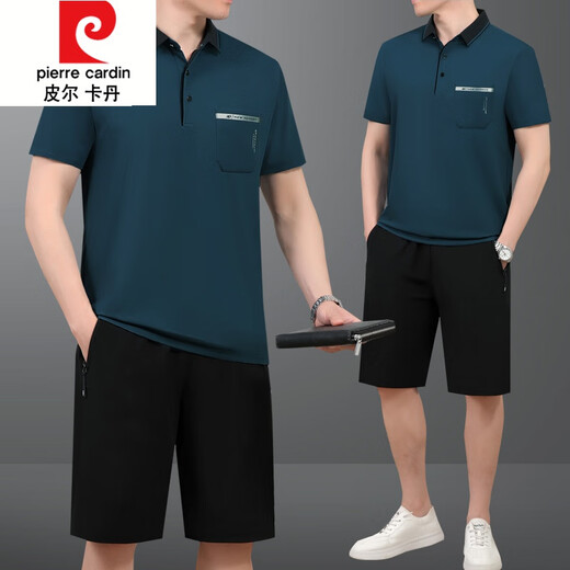 皮尔卡丹（pierre cardin）2024夏季新款中年男士爸爸父亲装冰丝短袖t恤短裤跑步运动服套装 691牛仔蓝 L建议【100斤-----120斤】体恤+