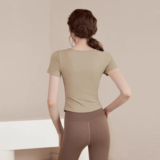 LULUUVTTOH Yoga Wear Short Sleeve Suit for Women Summer New Quick-Drying Running Sports Top Pilates Training Fitness Wear for Women Brown Top Fixed Cup Breast Pad M