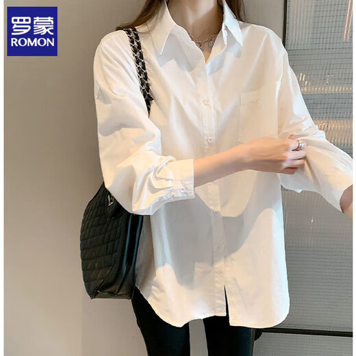 ROMON cotton shirt for women in autumn new design niche top casual bottoming shirt versatile inner layering shirt white XL recommended 120-135 Jin Jin equals 0.5 kg