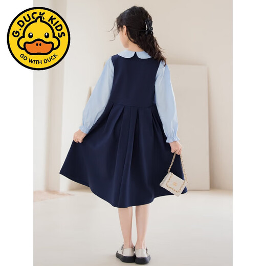 G.duck parent-child wear girls color block dress college style princess dress 2024 autumn over-the-knee skirt western style big children's wear navy blue 140 cm