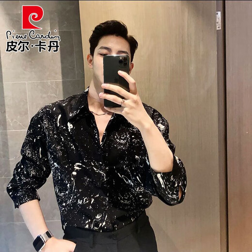 Pierre Cardin Spring and Autumn New Internet Celebrity Long Sleeve Floral Shirt Men's Fashion Dark Ice Silk Shirt Retro Niche Bottoming Shirt Nightclub Black XL 145-168Jin Jin is equal to 0.5 kg