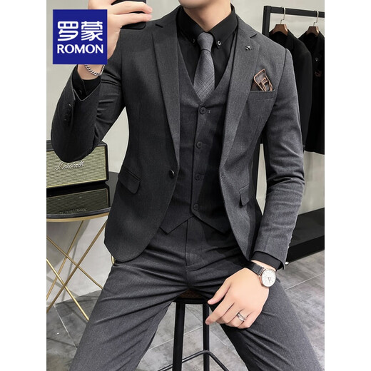ROMON suit suit men's business professional suit three-piece formal wedding dress casual groom British style slim black two-button suit jacket free shirt tie + bra + brooch XL 123-134Jin Jin equals 0.5 kg to wear