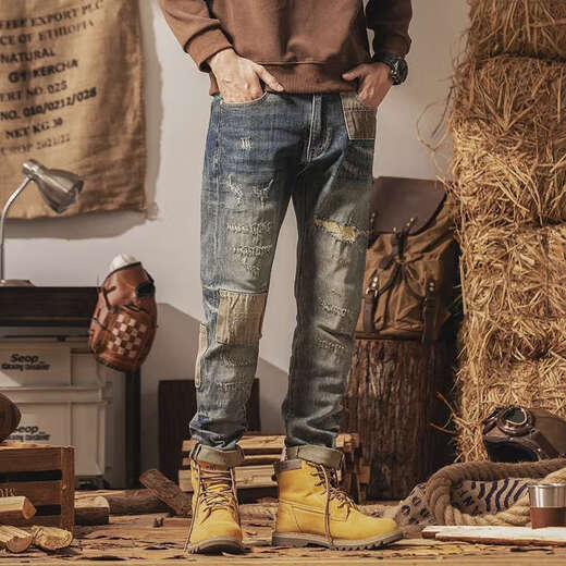 Western Camel (Vancamel) Spring and Summer Brand Trendy Brand American Jeans American Jeans Men Small Straight Foot Retro Retro Ripped Patch Pants Trendy H9735 Blue Jeans 28