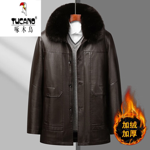 Woodpecker (TUCANO) plus fat and larger leather leather jacket for middle-aged and elderly men plus velvet thickened lapel imitation sheepskin jacket warm coat 8005 brown (hair collar removal) L 175 (100-120Jin [Jin equals 0.5 kg])