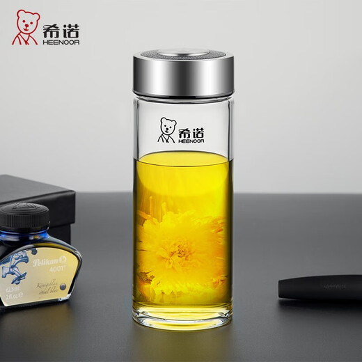 希诺（Heenoor）希诺玻璃杯大容量单层加厚水杯商务办公带滤网泡茶杯车载便携透明 6191新款小熊盖410ml