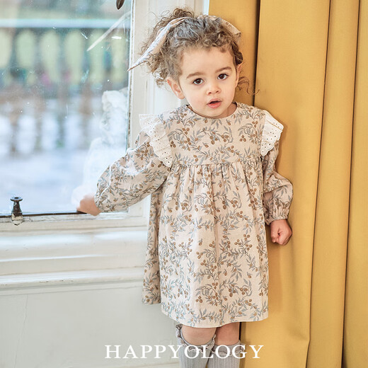 Happyology British children's new spring and summer children's clothing skirt retro long-sleeved embroidered lace girls' dress with vine walnut branches-blue gray 86 (86cm)