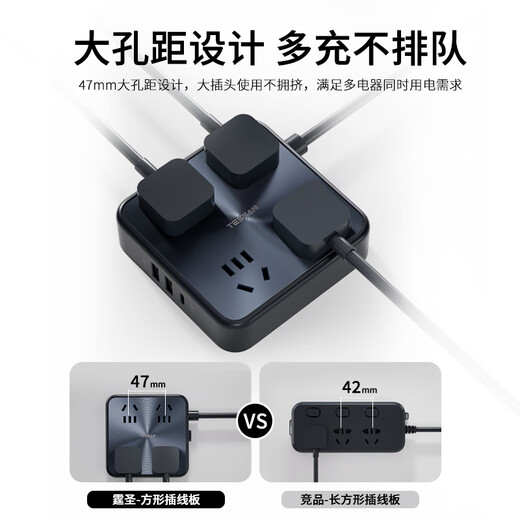 TESSAN霆圣USB方形插排/插线板/插座/排插/接线板/拖线板 1Type-C+2USB-A+4位总控1.8米 霆圣小方盒