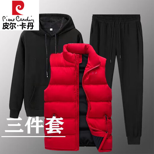 皮尔卡丹秋冬新款男连帽卫衣加绒加厚马甲三件套休闲潮流套装 693-黑色春秋款【马甲三件套】 XL 推荐120-135斤