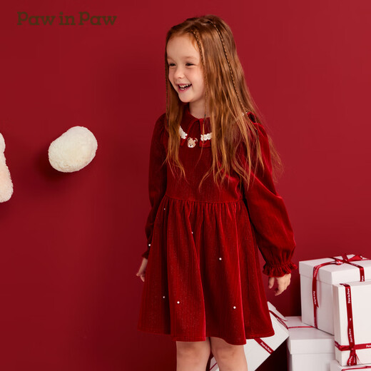 PawinPaw Velvet Cartoon Bear Children's Clothing Autumn and Winter New Girls Red New Year Silver Dress Red Red/20 130 cm