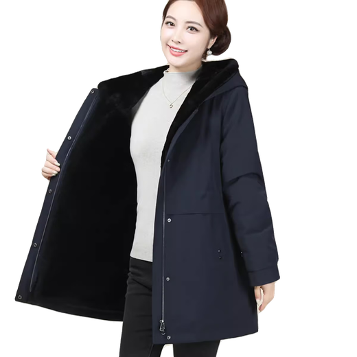 
Ancient Invincible Sheep Lady's Hooded Sheepskin Wool Parker Fur Integrated Fur Parker Thickened Warm Winter Women's Navy Blue XL 50