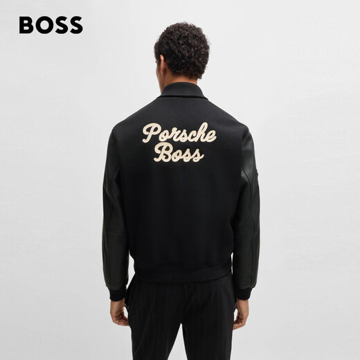 BOSS Porsche co-branded BOSS men's 2024 autumn leather sleeve design wool blend jacket 001-black 46