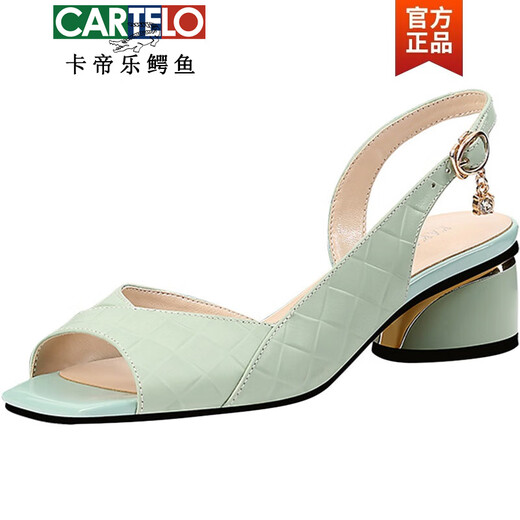 CARTELO leather fish mouth sandals for women wearing 2025 summer new Korean style thick heel mid-heel versatile fashionable rhinestone sandals apricot color 39