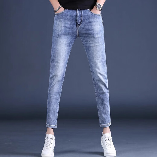 
KuRenTou summer thin blue nine-point jeans men slim feet 2023 new elastic men's pants 9-point trousers men Q1049 gray nine-point 29