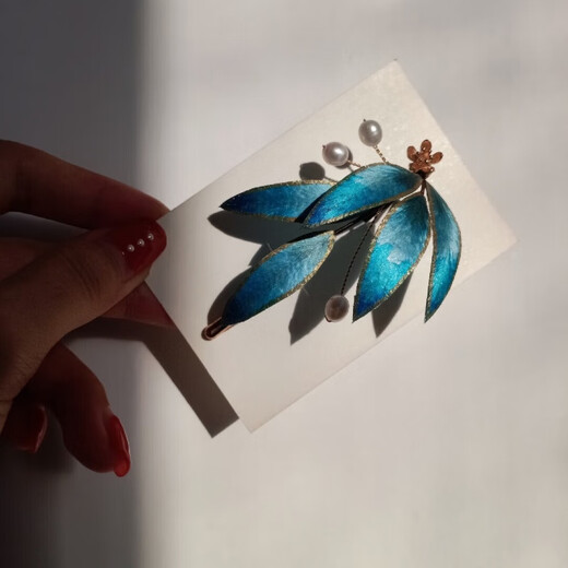 Shijun (SHIJUN) Velvet Flower Hairpin, Ancient Style Bamboo Branch Words, Bamboo Leaf Gold Imitation Dotted Emerald Hairpin Brooch, Hanfu Accessories Valentine's Day Gift, One Hairpin (tassel is not removable)