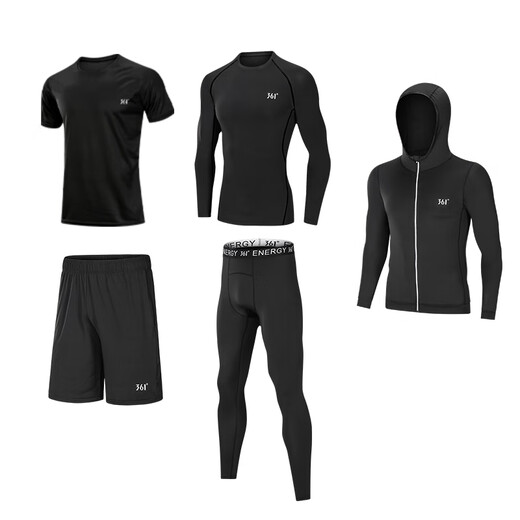 361 Plush running sports suit for men, winter warm tights, training clothes, track and field fitness clothes, morning running quick-drying clothes, warm five-piece set-black 2XL
