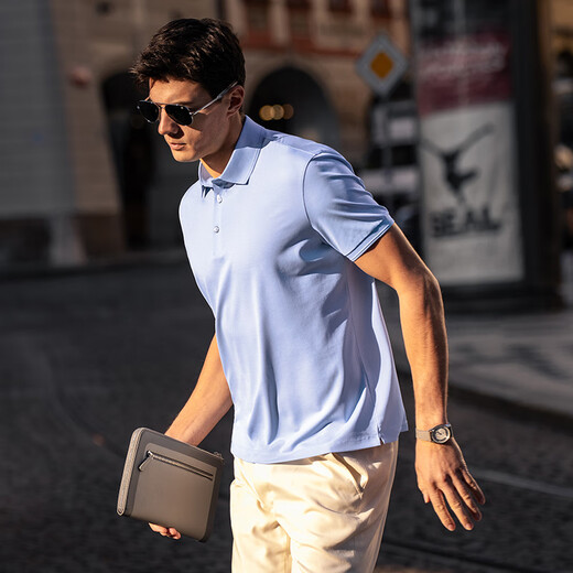 Mr. Bu patentierter Kragen mit drei Pin-Knopf Exquisite Business Polo Herren Sommerfeuchtigkeits-absorbierender und atmungsaktiver, fester Farbe kurzärmelig AT12161 Elfenbeinweiß L (175)