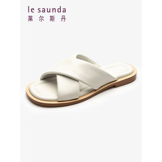 莱尔斯丹（le saunda）[软面包]夏新款真皮平底纯色羊皮外穿一字凉拖女鞋12801 褐灰色 TPK 35
