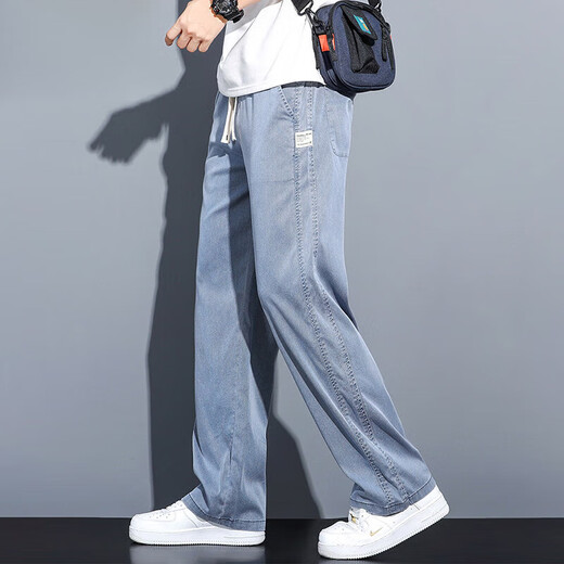 JEEP SPIRIT2024 Summer Tennis Jeans Men's Loose Straight Casual Wide Leg Long Pants Men's Style 1048 Blue M 90-115Jin[Jin equals 0.5 kg]