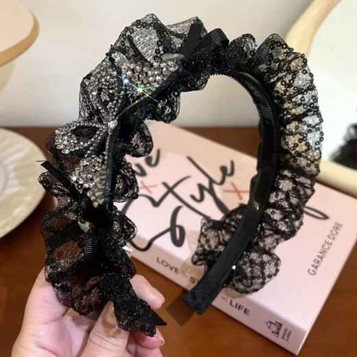 WEISHINI summer mesh sequined rhinestone butterfly headband French wide-brimmed pleated headband high skull hair accessories headband hairpin for women black A25-105