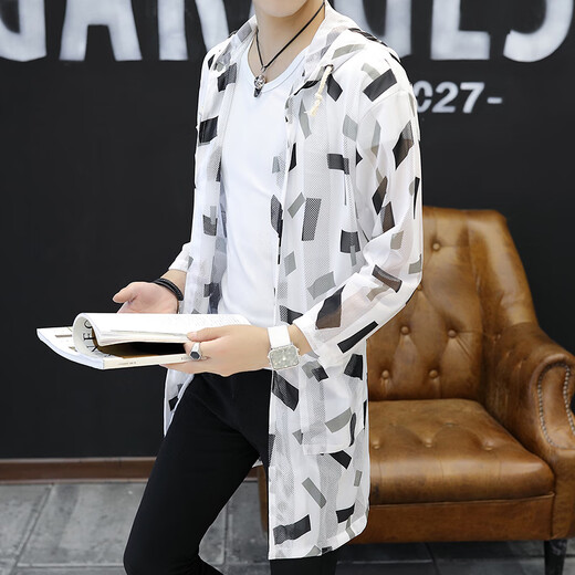 Men's Sun Protection Clothes Men's Tulle Outerwear Ice Silk Clothes Men's Cloak Summer Breathable Clothes Hooded Fishing Mesh Hollow Mid-Length Check M M