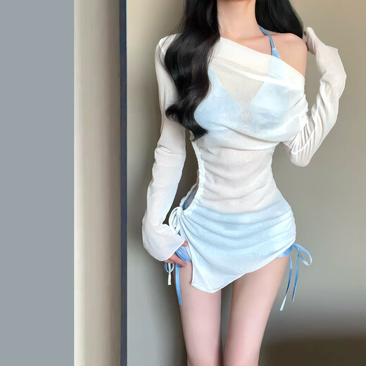 Qiaoyi bikini women's swimsuit new seaside hot spring sexy retro denim long-sleeved blouse split vacation swimsuit light blue blouse three-piece set 80Jin Jin equals 0.5kg -120Jin Jin equals 0.5kg
