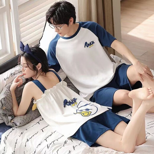 
Langsha (langsha) couple pajamas pure cotton suit summer short-sleeved suspender skirt cool thin style one man and one woman full cotton home clothing L9902 [high quality pure cotton] L men