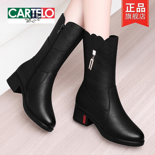 Cartelo Crocodile (Cartelo) Top Cow Wide Martin Boots Botas Madre de mediana edad Zapatos de cuero genuino genuinos 2025 Nuevas botas de tubo de otoño e invierno GQ9716-2 Negro Single 35 35