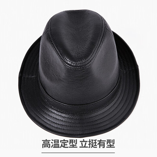 Trendy and charming spring and autumn PU leather hat for men, sheepskin and cowhide jazz hat, British wide-brimmed gentleman hat, winter middle-aged and elderly trendy hat, black-cowhide 56-58