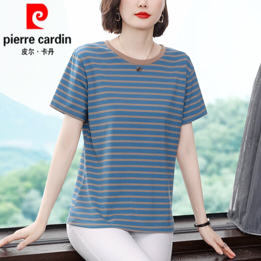 皮尔卡丹（pierre cardin）夏装短袖t恤女士纯棉中年妈l妈装2025新款大l码宽松遮肚子条纹针 688#短袖【宝蓝色】 XL 建议110-125斤