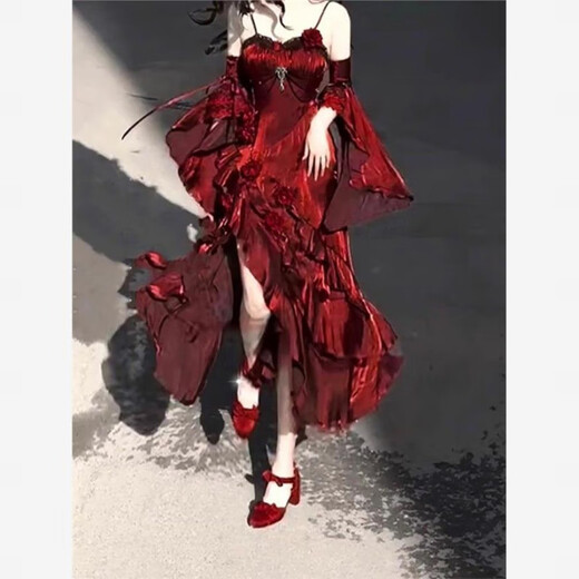 Flashing Girl (SHANDONGSHAONV) Lolita lolita Spring and Autumn Red Rose Dress Mermaid Skirt Elegant Goddess Royal Sister Ceremony Dress Birthday Skirt Mermaid Skirt S
