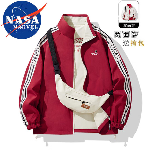 NASA MARVEL Jacket Men's Spring and Autumn Reversible Trendy Versatile Couple Stand Collar Jacket Casual Top Black L