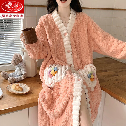 浪莎（LangSha）2024年新款珊瑚绒睡衣女秋冬季睡袍长款加绒加厚法兰绒家居服睡裙 761 优质款 加绒加厚 160M 80-100斤