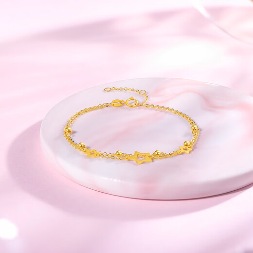 Saturday Blessing Yellow 18K gold bracelet for women, round bead and star double layer gold bracelet for girls, chain length 16+3cm