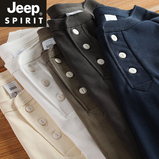 JEEP SPIRIT heavyweight cotton T-shirt men's long-sleeved inner Japanese retro bottoming shirt loose trendy T-shirt top new Henry shirt military green M