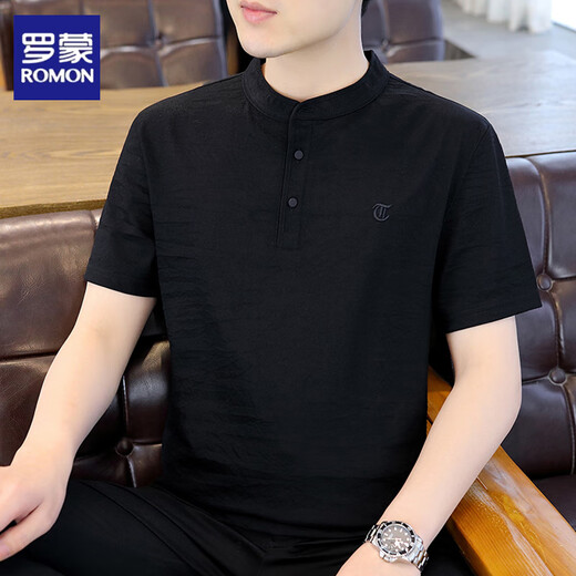 Romon Leinen T-Shirt Herren-Stand-up-Halsband Kurzärärmelte Polo-Hemd Sommer Dünner neuer chinesischer Trend Baumwollwäsche-Leinen halbärmelte Casual T-Shirt 62372 Grey XL 130Jin [Jin Equals gleich 0,5 kg] ungefähr