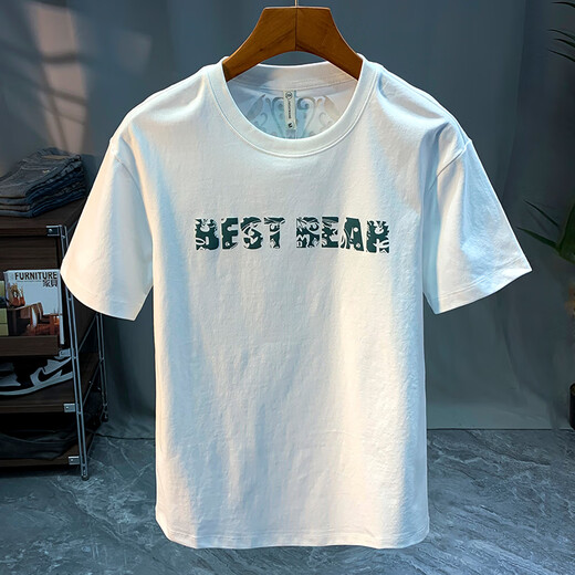 Beihai 2 carriles impreso camiseta de manga corta verano 2025 nuevo versátil y cómodo camiseta media manga diseño redondo de cuello redondo blanco [JSW9902#] L Adecuado para 100-110Jin [Jin equivale a 0.5 kg]