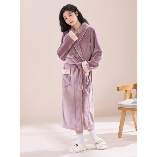 Gold number plus velvet flannel bath towel bathrobe thickened coral velvet pajamas for women autumn and winter plus velvet flannel bathrobe pink color matching (new) M