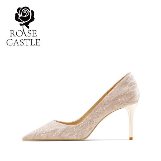 ROSE CASTLE水晶婚鞋女金色高跟日常婚纱两穿新娘订婚鞋敬酒单鞋 浅金色6.5cm6996 35