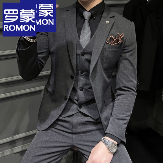 ROMON Groom's Suit Men's Business Professional Formal Wedding Dress Casual British Style Slim Suit Men's Jacket Medium Gray Two Buttons Suit Jacket XL 124-134Jin Jin equals 0.5 kg Wear