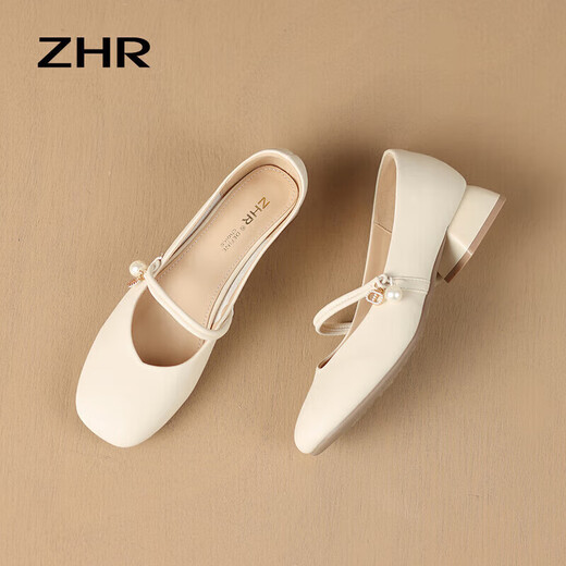 ZHR Single -Schuhe für Frauen mit flachen Munddicke dicke Absätze Mary Zhen Frauenschuhe Temperament Vielseitige Schuhe für Frauen CG71 Beige (klassisch) 36
