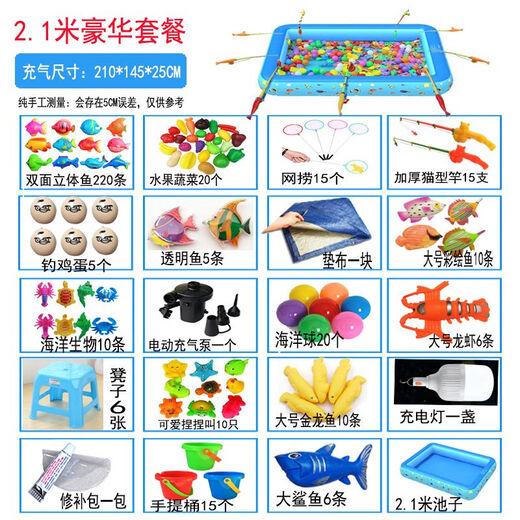 RSRDDY children's fishing pool magnetic toy set square park stall fishing pool shopping mall inflatable fish fishing 2.1 meters luxury package