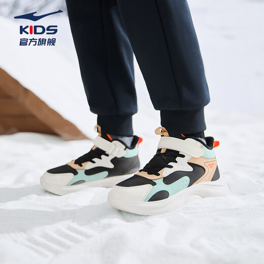 Hongxing Erke (ERKE) children's shoes, casual shoes for boys and girls, children's winter warm cotton shoes, black/microcrystalline white/azure 35