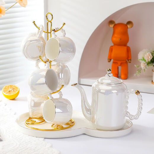Cool season light luxury high-end housewarming ceramic water set tea cup household tea set Nordic living room teapot cup water cup complete set pearl high-end white 6 cups