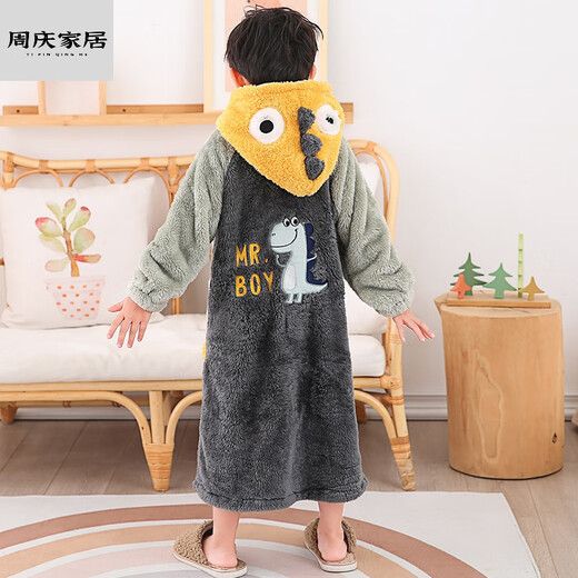 Miaopule Class A Autumn and Winter Thickened Children's Bathrobe Boys Ultraman Bath Towel Cape Can Wear Winter Thickened Children's Pajamas Little Dinosaur Hooded Dark Green Thickened Coral Velvet Size 16 Recommended 135-145cm