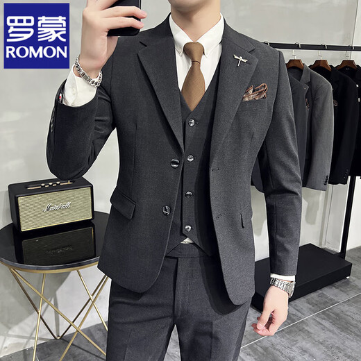 ROMON high-end commuter large size suit men's business casual suit Korean version slim suit wedding groom three-piece suit dark gray suit + trousers 2XL 135-145Jin Jin equals 0.5 kg
