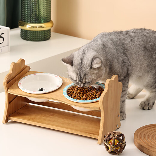 CLCEY Ceramic Cat Bowl Rack Protects Cervical Vertebral Anti-Black Chin Small Dog Anti-Slip Anti-Tip Teddy Adjustable Height Dog Bowl Two Black Footprints + Double Bowl Rack