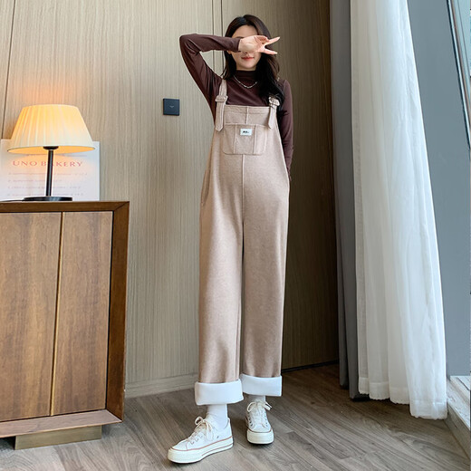 Miduli maternity overalls suit autumn and winter plus velvet thickened maternity pants winter wide-leg pants autumn trousers winter wear khaki overalls-velvet XL size (recommended 130-160Jin Jin is equal to about 0.5 kg)
